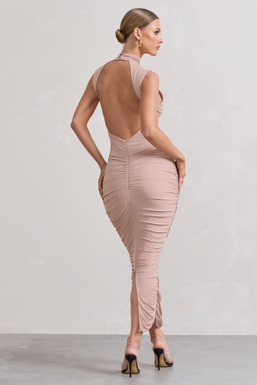 Jaded Champagne Bodycon Ruched High-Neck Open-Back Maxi Dress